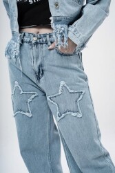 AÇIK MAVİ YILDIZ DESEN YÜKSEK BEL BAGGY KOT PANTALON - 2