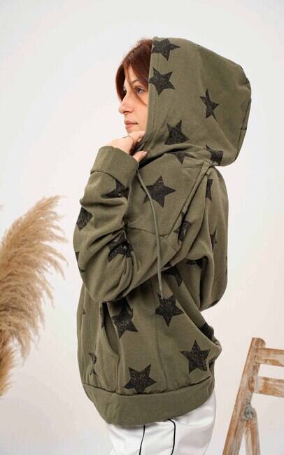 HAKİ YILDIZ DESENLİ UNISEX SWEATSHIRT HIRKA - 4
