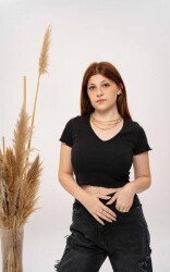 SİYAH V YAKA KISA KOLLU CROP - 3